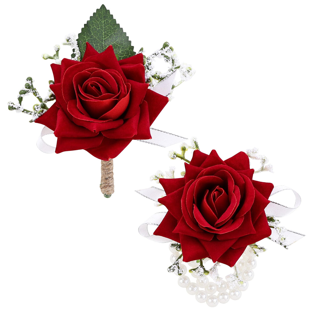 2Pcs Burgundy Rose Corsage and Boutonniere Set, Wrist Corsage with Double Pearl Bracelet and Boutonniere for Men with Pin Clip for Wedding Prom Homecoming Party Suit Decorations
