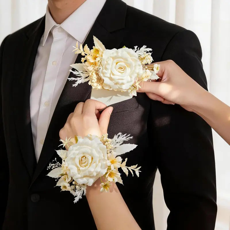 Wedding 2Pcs Pre-Made Ready-to-Use Corsage & Boutonniere Set - Pastel Soft Classic Silk Champagne Rose Wristlet Corsage, Pocket Boutonniere for Bridal Shower, Prom