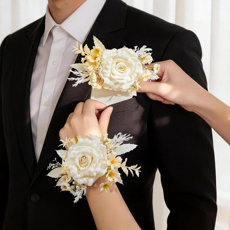 Wedding 2Pcs Pre-Made Ready-to-Use Corsage & Boutonniere Set - Pastel Soft Classic Silk Champagne Rose Wristlet Corsage, Pocket Boutonniere for Bridal Shower, Prom