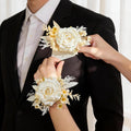 Wedding 2Pcs Pre-Made Ready-to-Use Corsage & Boutonniere Set - Pastel Soft Classic Silk Champagne Rose Wristlet Corsage, Pocket Boutonniere for Bridal Shower, Prom