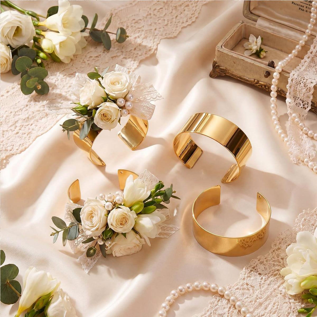 Liliaafar Gold 10 Pcs Corsage Wristlet Bracelet Bands for Women Cuff Bangle Bracelet Wrist Corsage DIY Wedding Wristband Wide Open Adjustable for Wedding Bridal Party Prom (0.98",Narrow Cuff)