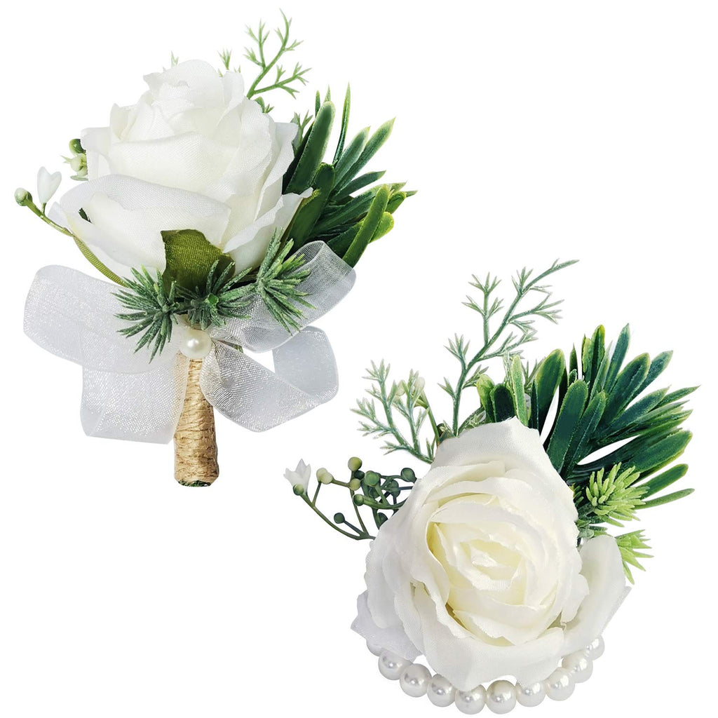 White Rose Wrist Flowers and Men's Corsage Wedding Flowers Ceremony,2Pcs Boutonniere Buttonholes and Wrist Corsage Wristband Roses Wrist Corsage (2pcs White Wrist Corsages)