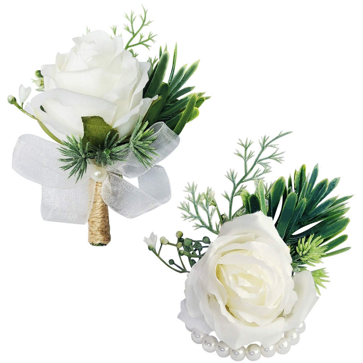 White Rose Wrist Flowers and Men's Corsage Wedding Flowers Ceremony,2Pcs Boutonniere Buttonholes and Wrist Corsage Wristband Roses Wrist Corsage (2pcs White Wrist Corsages)