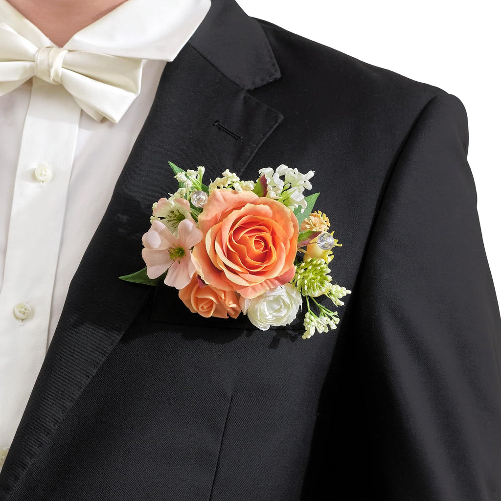 TINGE TIME Luxury Groom Boutonniere for Wedding, 1 PCS Pocket Boutonniere for Men Wedding, Prom, Homecoming, Anniversary, Graduation, Christmas Dinner (Terracotta)