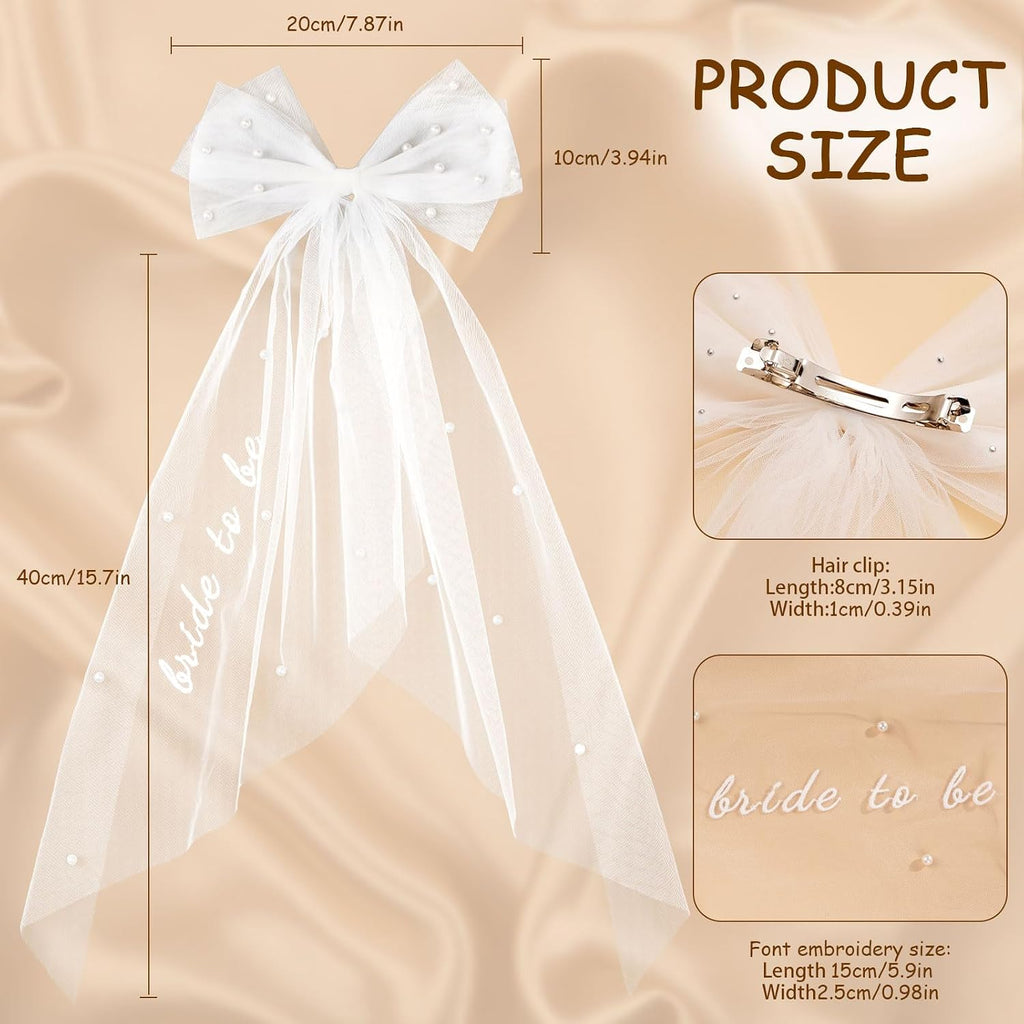 Bachelorette Veil for Bride to Be Short Pearl Bow Hair Veil with Embroidered Script 2-Tier Tulle Bridal Shower Accessory
