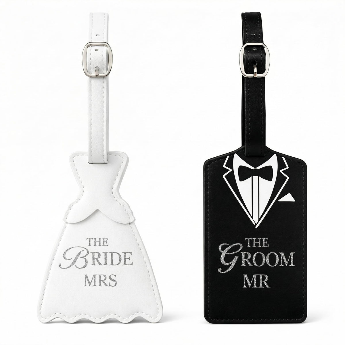 Luggage Tags for Couples, Bride & Groom Wedding Dress and Tuxedo Suitcase Tags, Luggage Tag for Honeymoon Travel, Bridal Showers, Weddings, Travel Accessories for Couples (Bride Groom Shape)