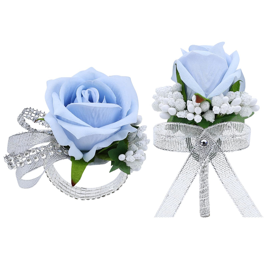 2Pcs Black Rose Corsage and Men Boutonniere Set Women Wristlet Band Wrist Bracelets, for Prom Wedding Ceremony Flowers Decorations and Homecoming Party Accessories