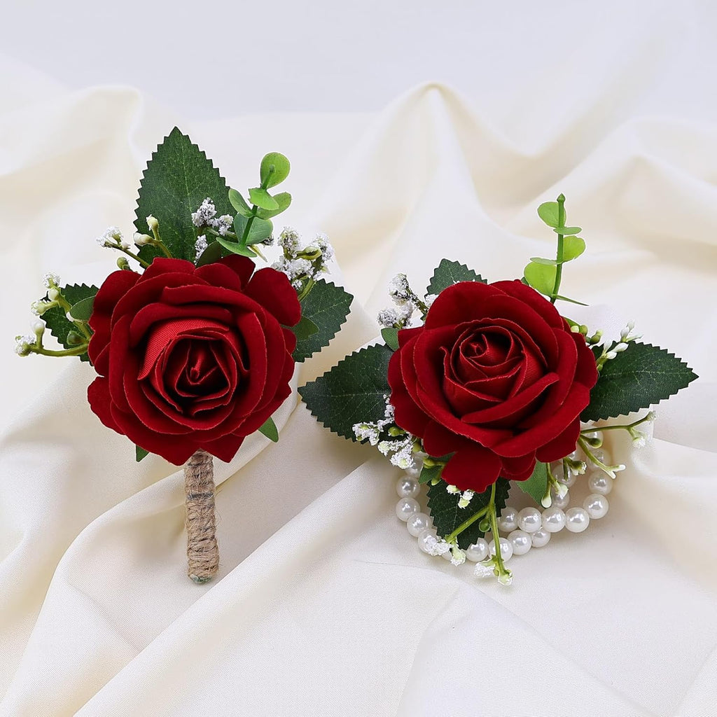 2Pcs Red Rose Corsage and Men Boutonniere Set, Wrist Band Bracelets, for Wedding Bride Bridesmaid Groom Groomsmen Flower Accessories Prom Party Man Suit Decor