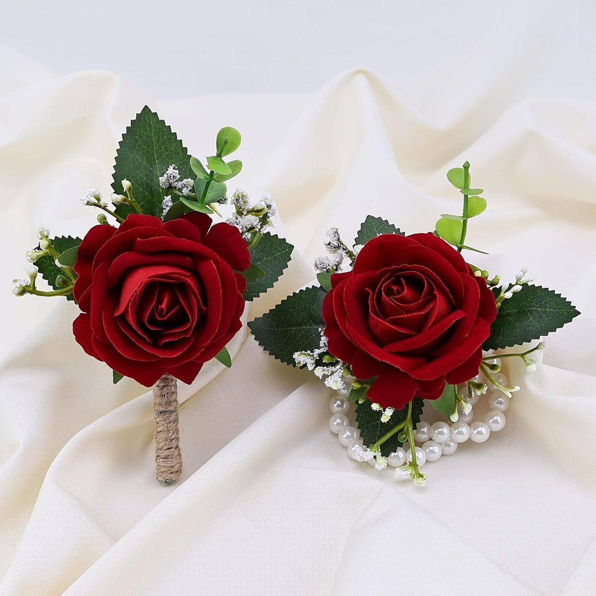 2Pcs Red Rose Corsage and Men Boutonniere Set, Wrist Band Bracelets, for Wedding Bride Bridesmaid Groom Groomsmen Flower Accessories Prom Party Man Suit Decor