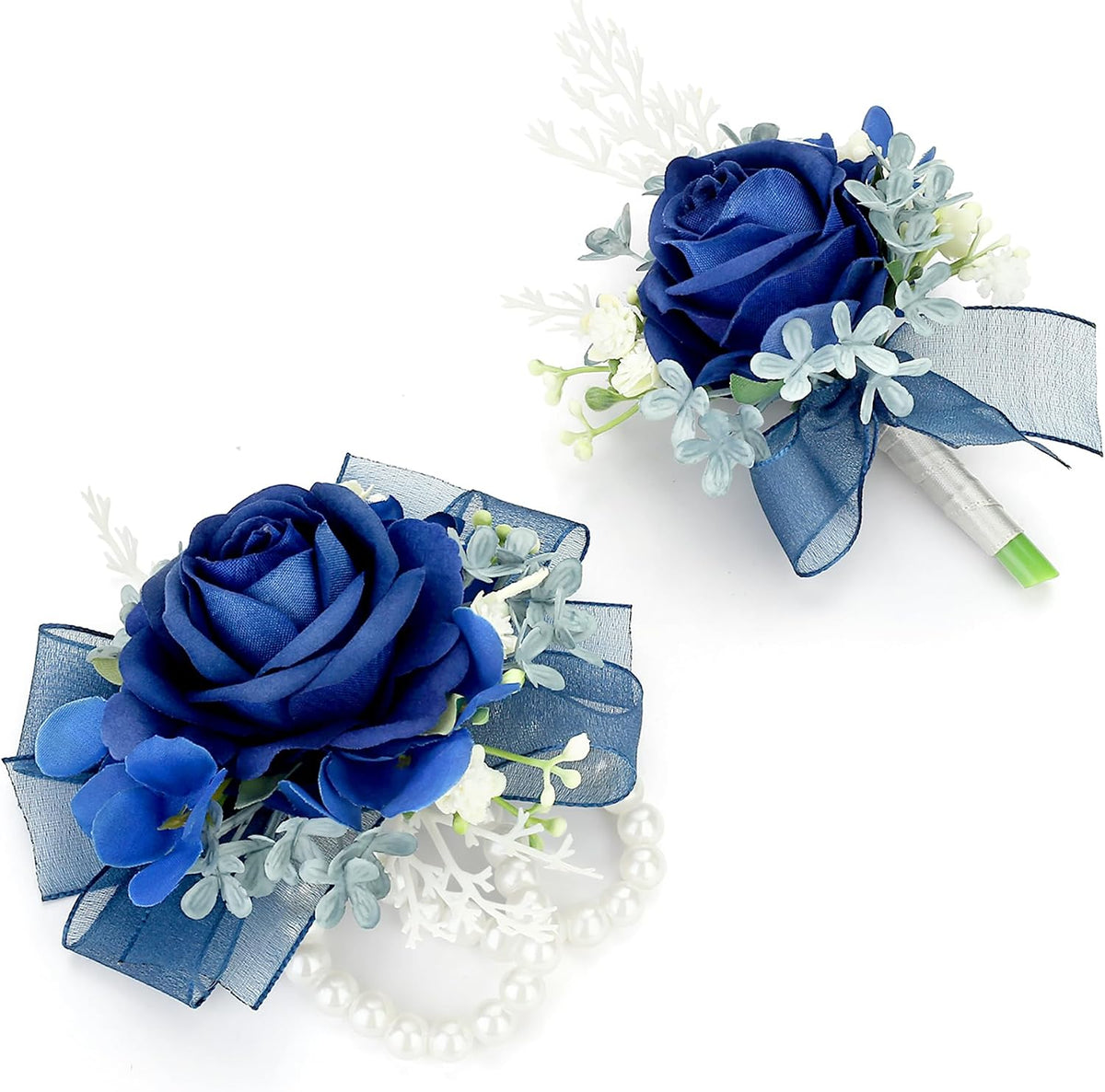 Blue Corsage and Boutonniere Set Double Pearl Bracelets
