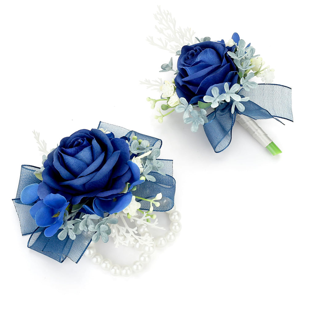 Blue Corsage and Boutonniere Set Double Pearl Bracelets