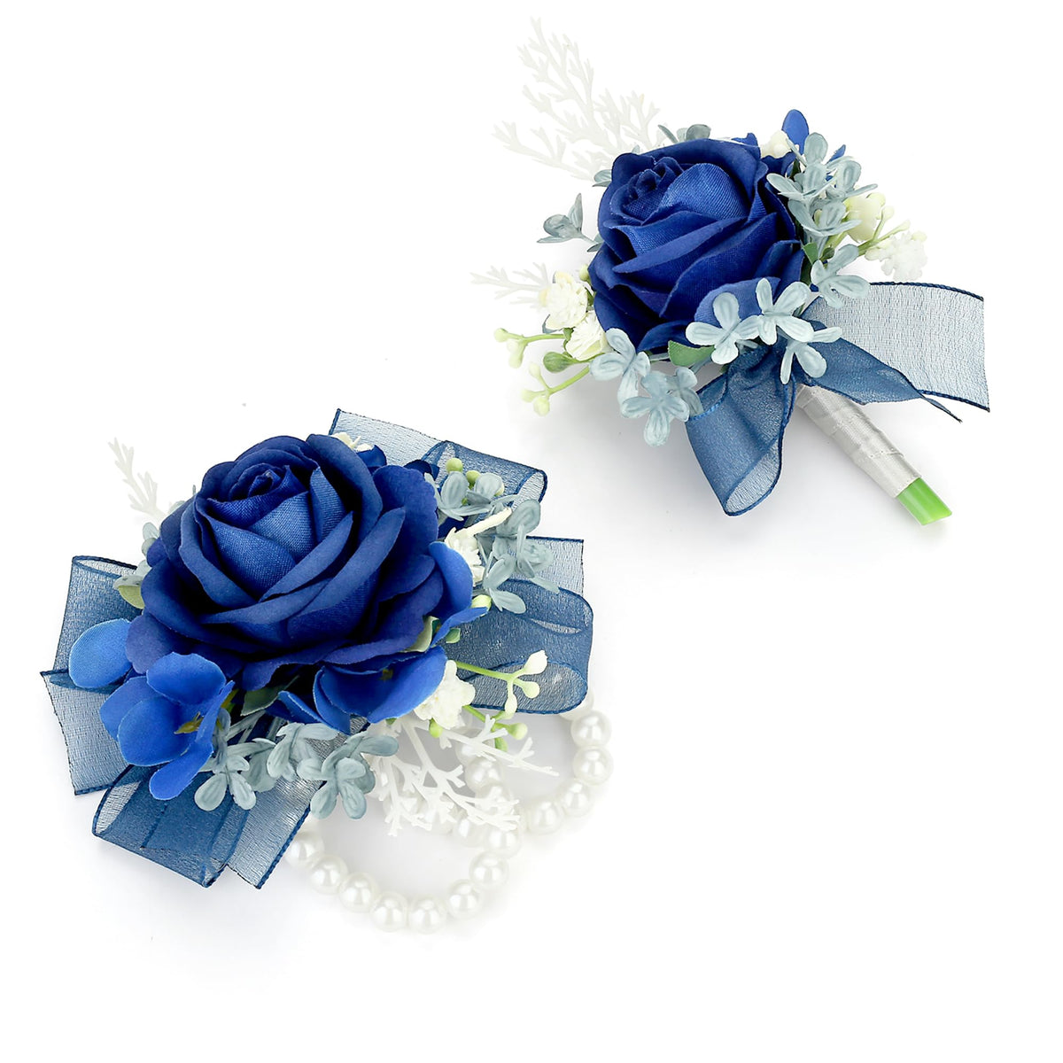 Blue Corsage and Boutonniere Set Double Pearl Bracelets