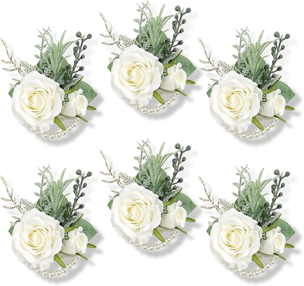 6Pcs Ivory White Faux Silk Rose Women Corsages Wristlet Wedding
