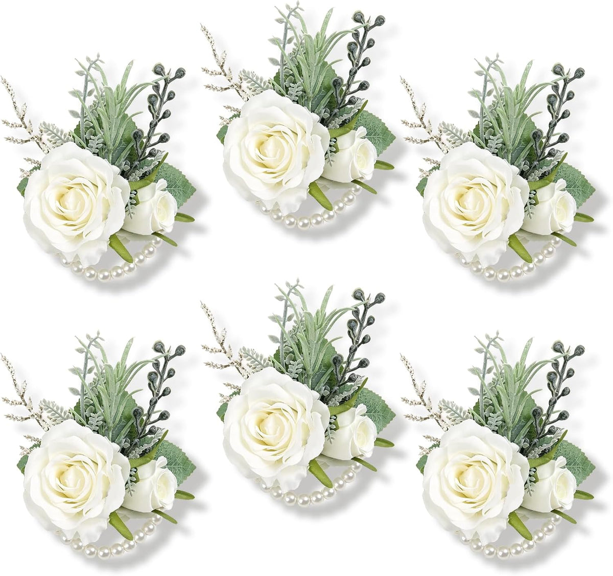 6Pcs Ivory White Faux Silk Rose Women Corsages Wristlet Wedding