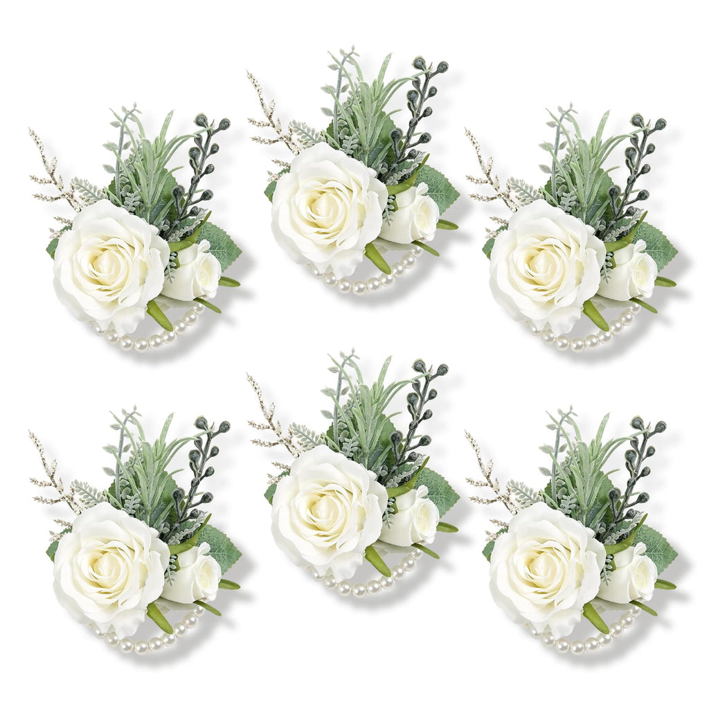 6Pcs Ivory White Faux Silk Rose Women Corsages Wristlet Wedding