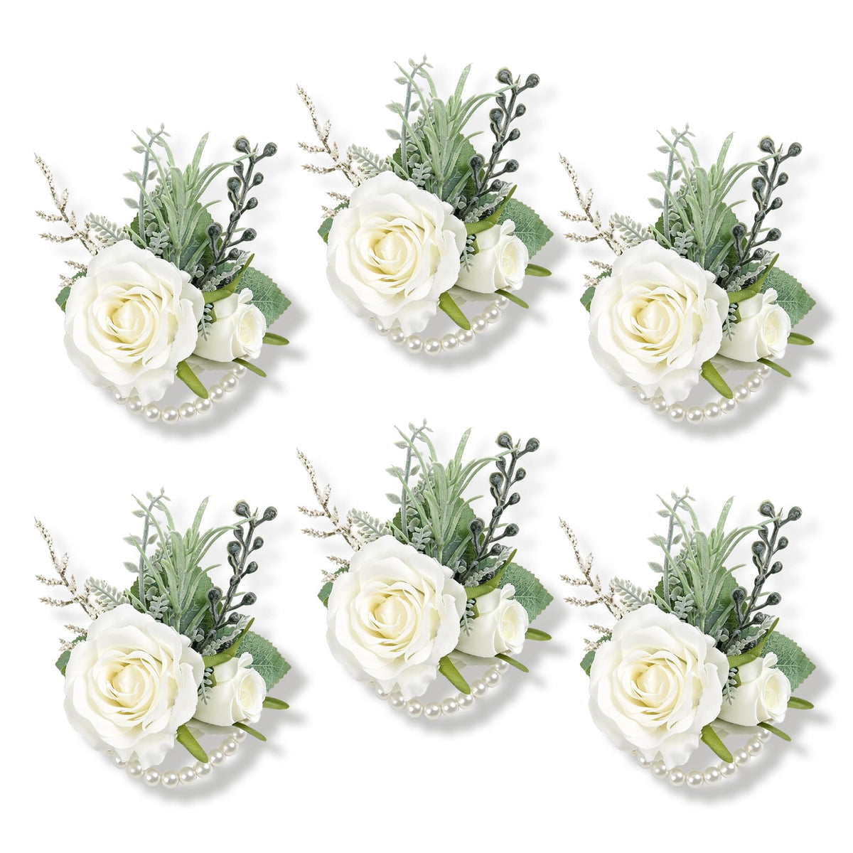 6Pcs Ivory White Faux Silk Rose Women Corsages Wristlet Wedding