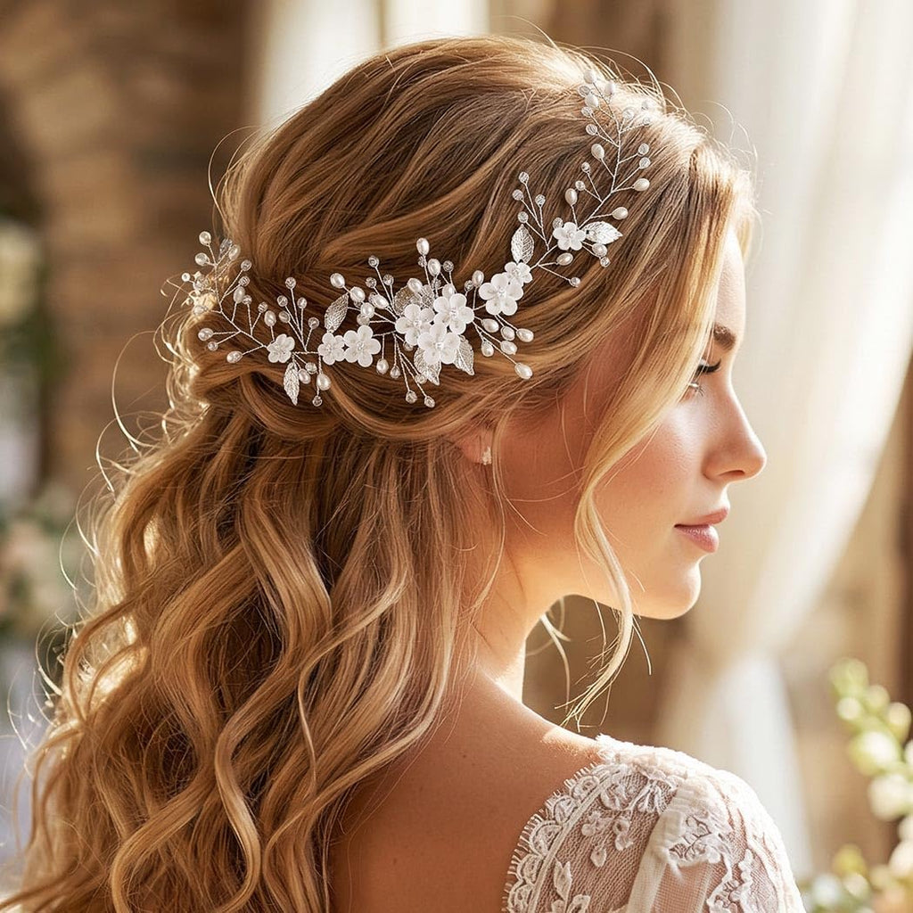 Unicra Flower Hair Vine Pearl Bridal Headpieces Wedding Hair Pieces Silver Prom Hair Accessories for Brides and Women (12.5 Inches)