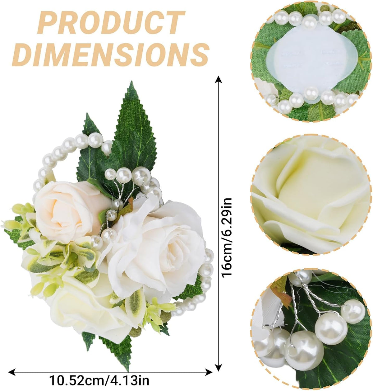 2 Pcs Prom Wrist Corsage Artificial Flowers Faux Pearl Bride Bridesmaid Bracelet for Prom Decor Wedding Anniversary Party Suit Flower Accessories (White)