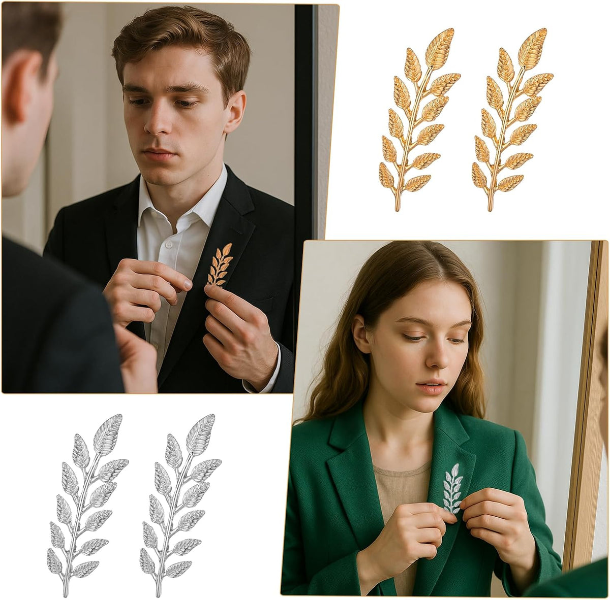 2 Pairs Gentlemen Suit Brooches Simple Gold Silver Wheat Leaf Lapel Pins