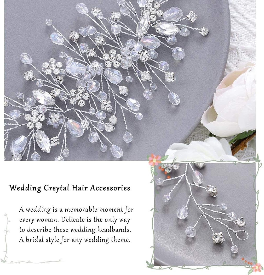 Unicra Bride Flower Wedding Hair Vine Crystal Bridal Hair Piece Rhinestone Party Hair Accessories Leaf Hair Jewelry Bead Headpiece for Women