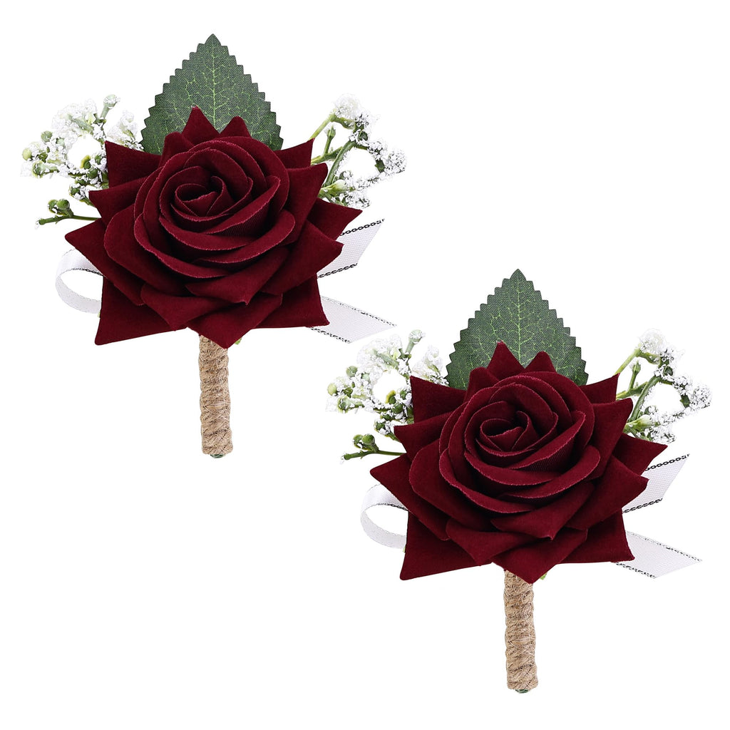 2Pcs Burgundy Rose Corsage and Boutonniere Set, Wrist Corsage with Double Pearl Bracelet and Boutonniere for Men with Pin Clip for Wedding Prom Homecoming Party Suit Decorations