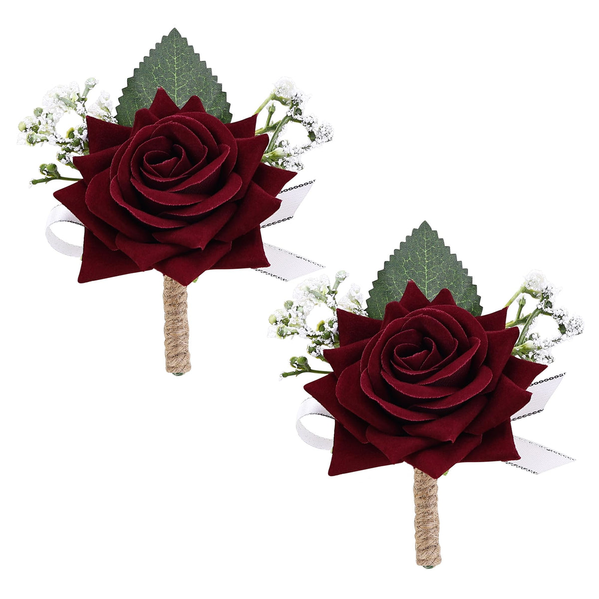 2Pcs Burgundy Rose Corsage and Boutonniere Set, Wrist Corsage with Double Pearl Bracelet and Boutonniere for Men with Pin Clip for Wedding Prom Homecoming Party Suit Decorations