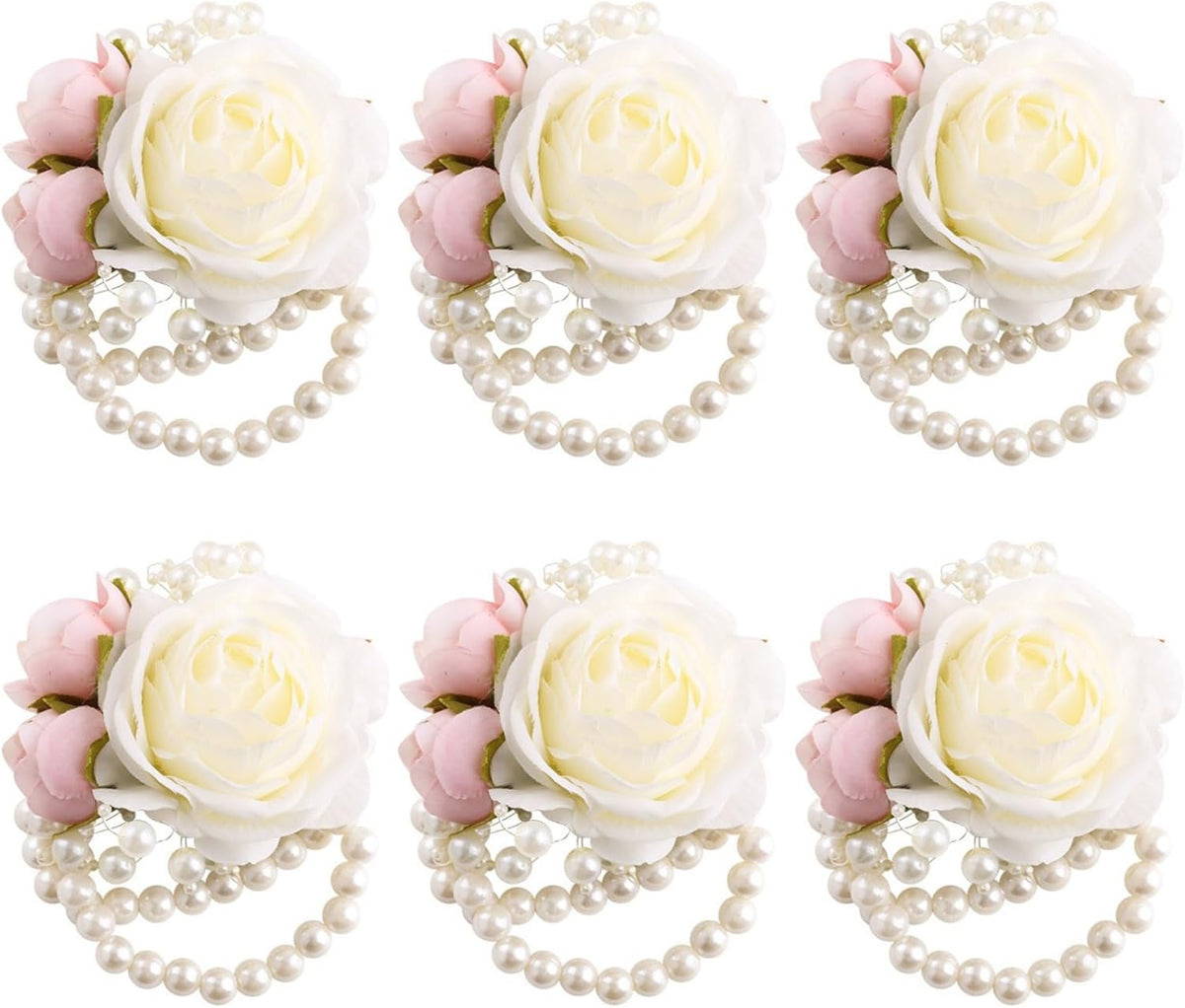 Wrist Corsages Set of 6 for Wedding Bridal Bride Bridesmaid Artificial Hand Flower Corsage Wristlet Band Homecoming Graduation Prom Party Ivory and Pink