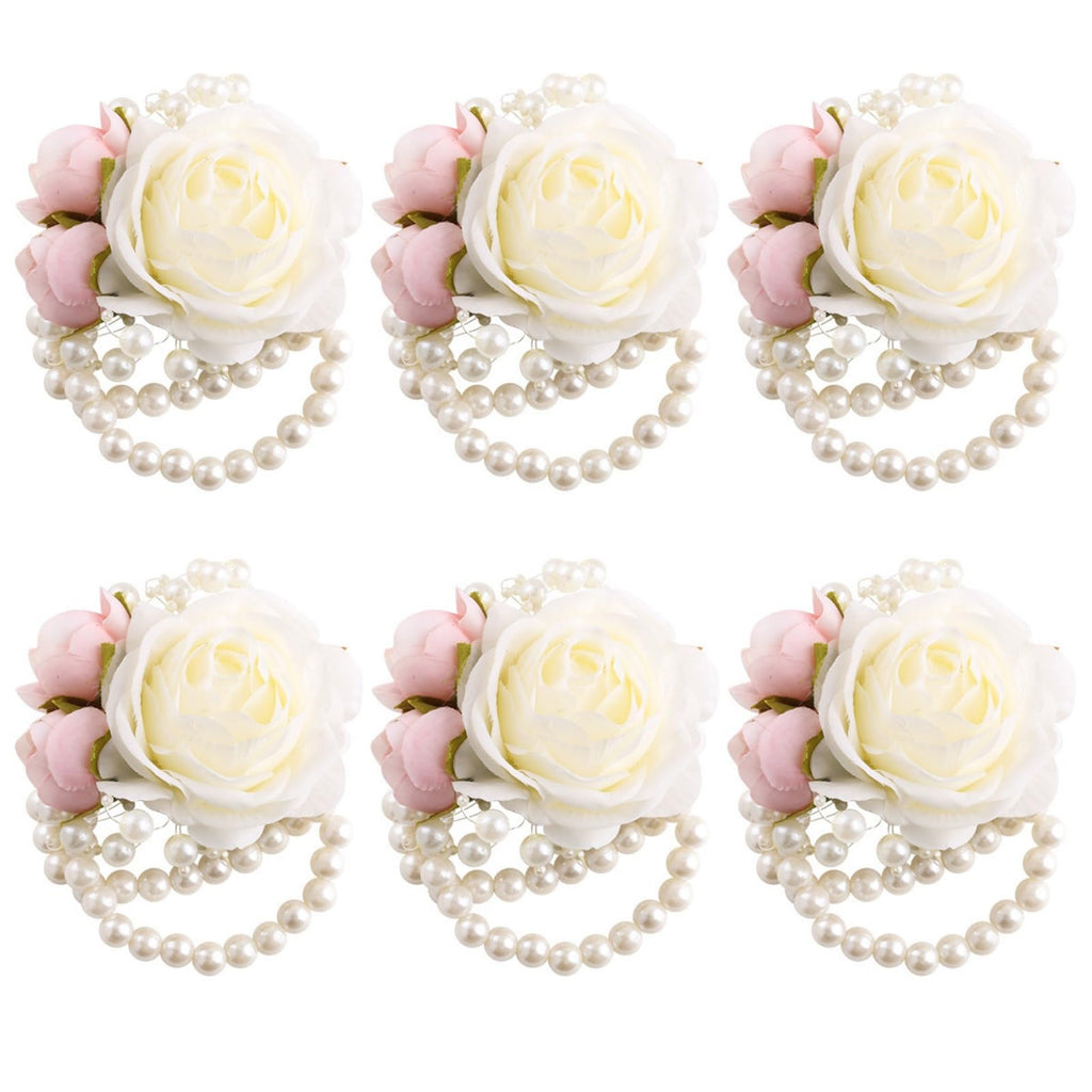 Wrist Corsages Set of 6 for Wedding Bridal Bride Bridesmaid Artificial Hand Flower Corsage Wristlet Band Homecoming Graduation Prom Party Ivory and Pink