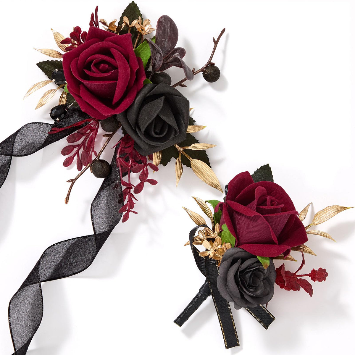 Alecono Burgundy Corsage and Boutonniere Set Red Black Rose Wristlet
