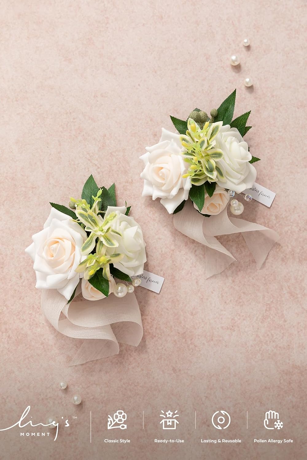 Ling's moment Corsage Wristlet, Prom Wrist Decor, White Ivory, 2pcs