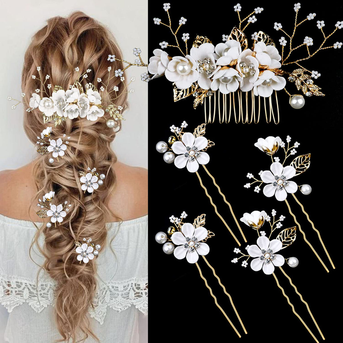 5 PCS Bridal Flower Wedding Hair Pins Crystal Pearl Hair Clips Headpiece Gold Wedding Hair Accessories Jewelry with Rhinestone for Brides Bridesmaids Women Girls Updo, Special Cream Blue