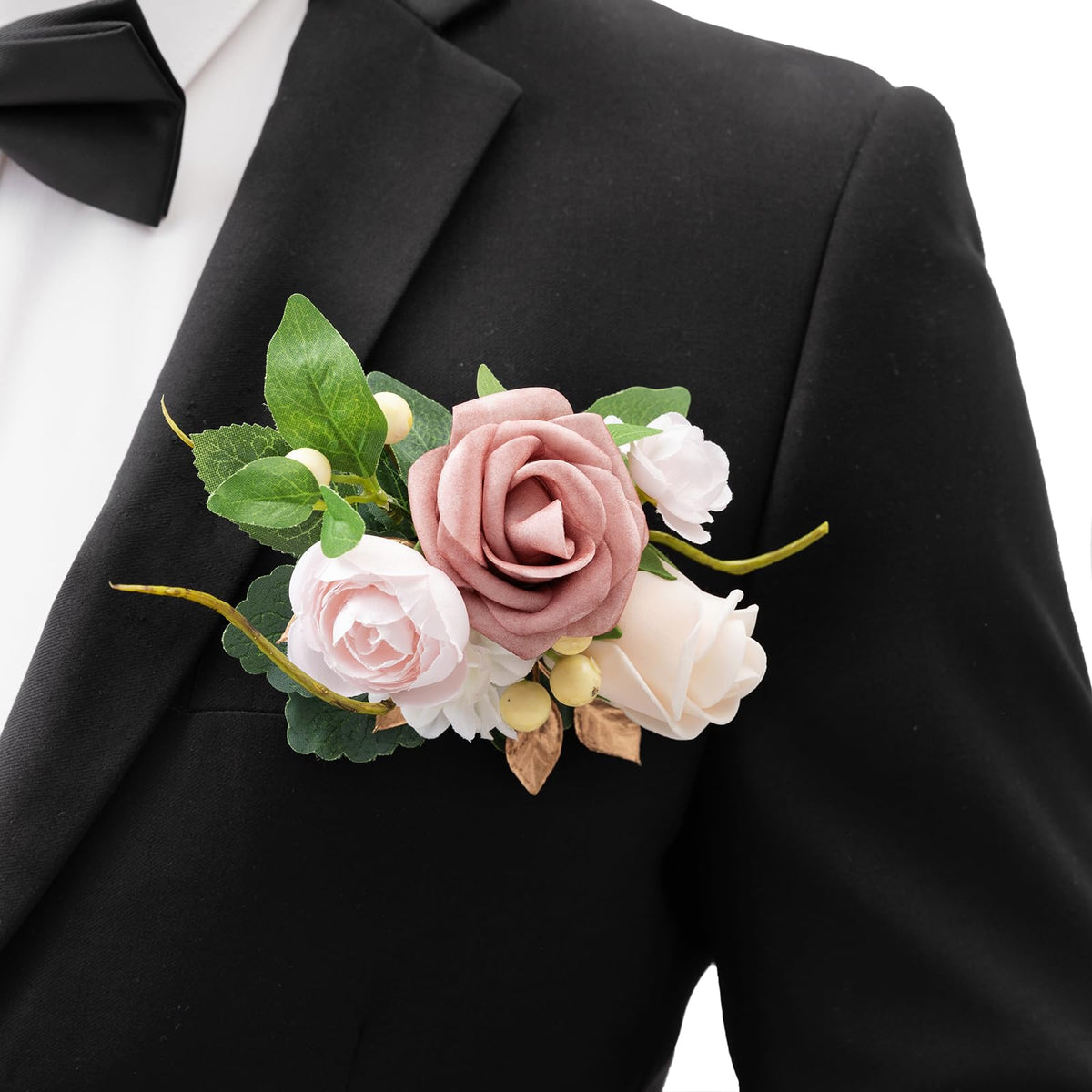 Ling's Moment Boutonniere for Men with Pin, White Ranunculus Ivory, 6"Wx5"H