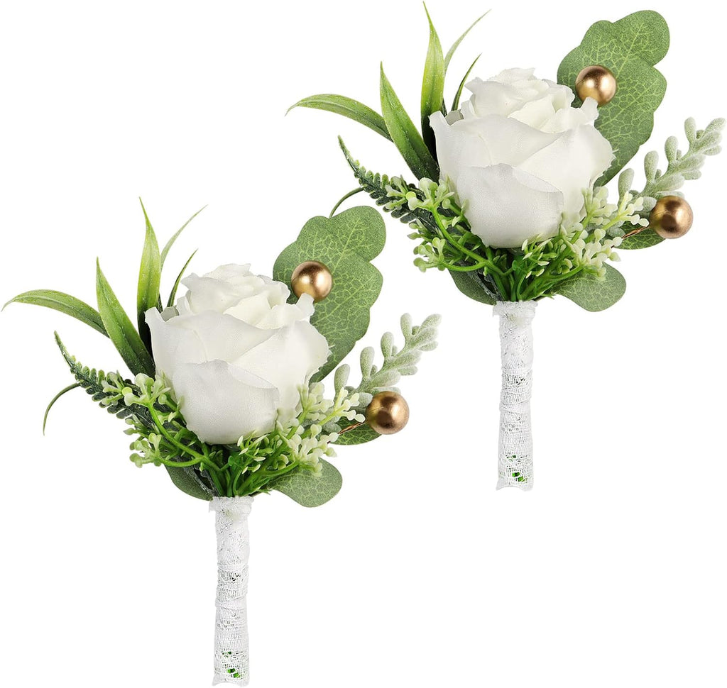 2pcs Boutonniere for Men Wedding, Groom Groomsman Artificial White Rose Flowers with pins for Wedding Anniversary Celebration,Prom,Party,Home Decoration.