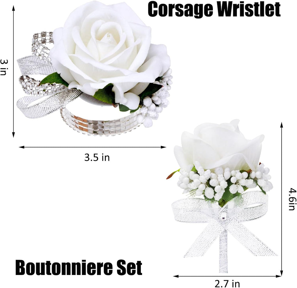 2Pcs White Rose Corsage and Boutonniere Set, Corsage Wristlet Band for Prom Decorations, Artificial Boutonniere for Men Wedding Party Suit Flower Accessories