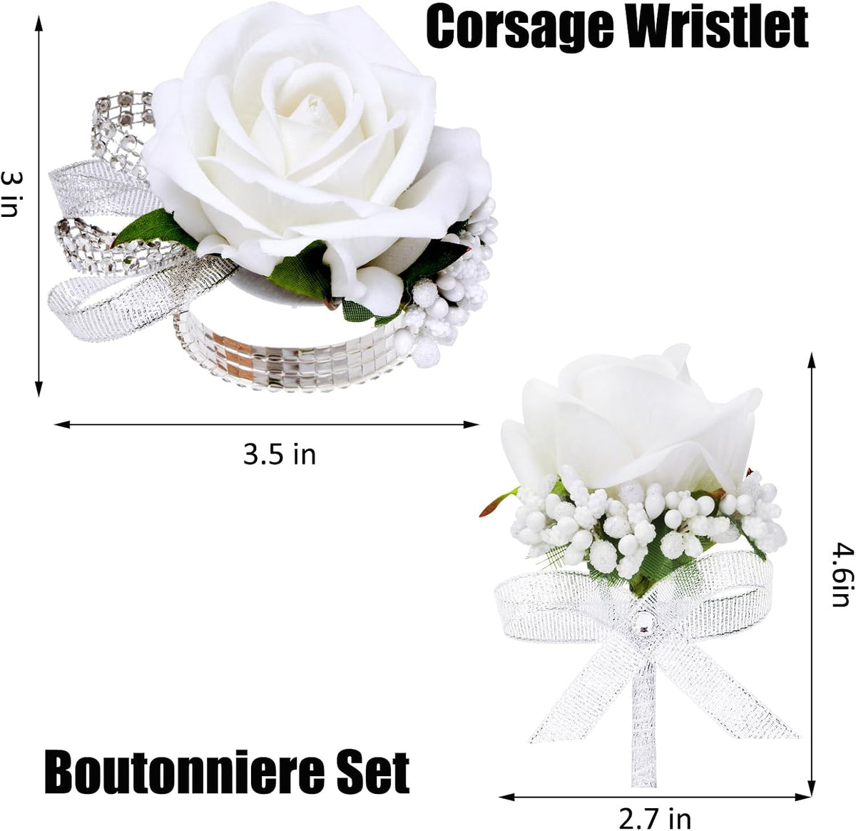 2Pcs White Rose Corsage and Boutonniere Set, Corsage Wristlet Band for Prom Decorations, Artificial Boutonniere for Men Wedding Party Suit Flower Accessories
