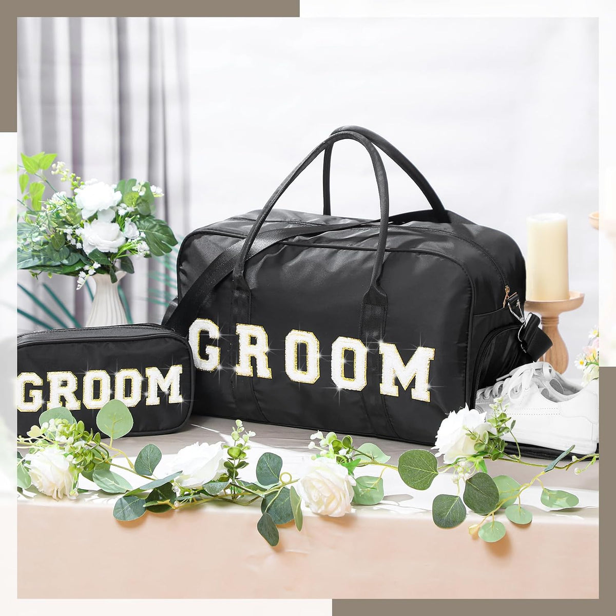 2 Pcs Groom Bag Gifts, Wedding Weekender Duffle Bag, Black