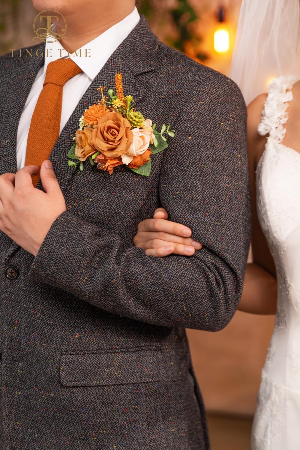 TINGE TIME Luxury Groom Boutonniere for Wedding, 1 PCS Pocket Boutonniere for Men Wedding, Prom, Homecoming, Anniversary, Graduation, Christmas Dinner (Terracotta)