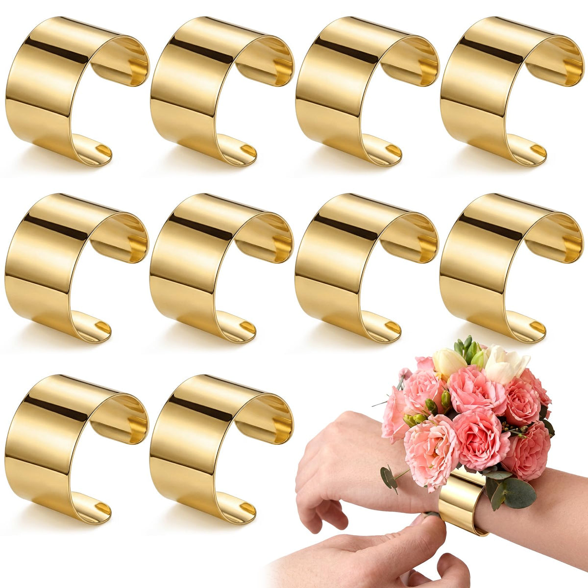 Liliaafar Gold 10 Pcs Corsage Wristlet Bracelet Bands for Women Cuff Bangle Bracelet Wrist Corsage DIY Wedding Wristband Wide Open Adjustable for Wedding Bridal Party Prom (0.98",Narrow Cuff)