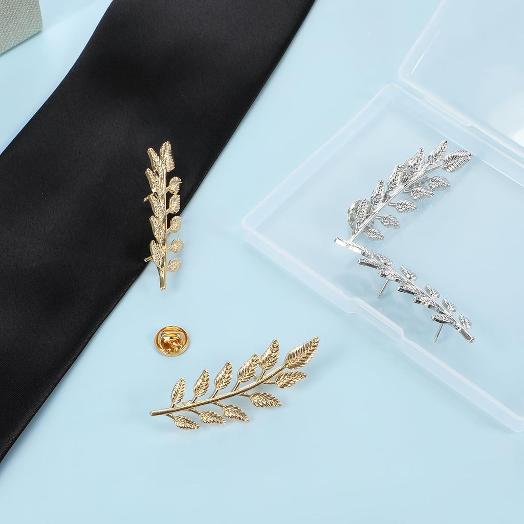 2 Pairs Gentlemen Suit Brooches Simple Gold Silver Wheat Leaf Lapel Pins