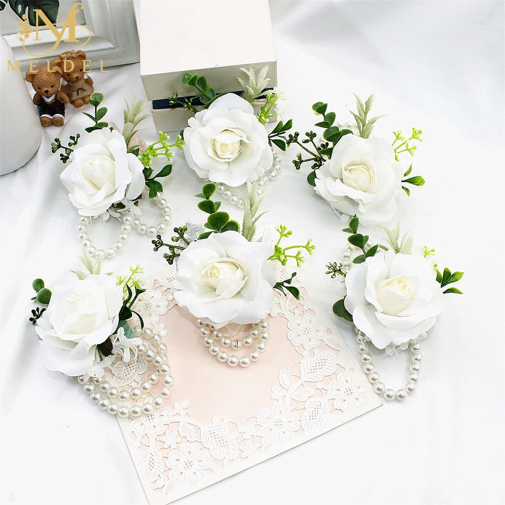 2Pcs White Silk Rose Wrist Corsages for Women Wedding Prom Party