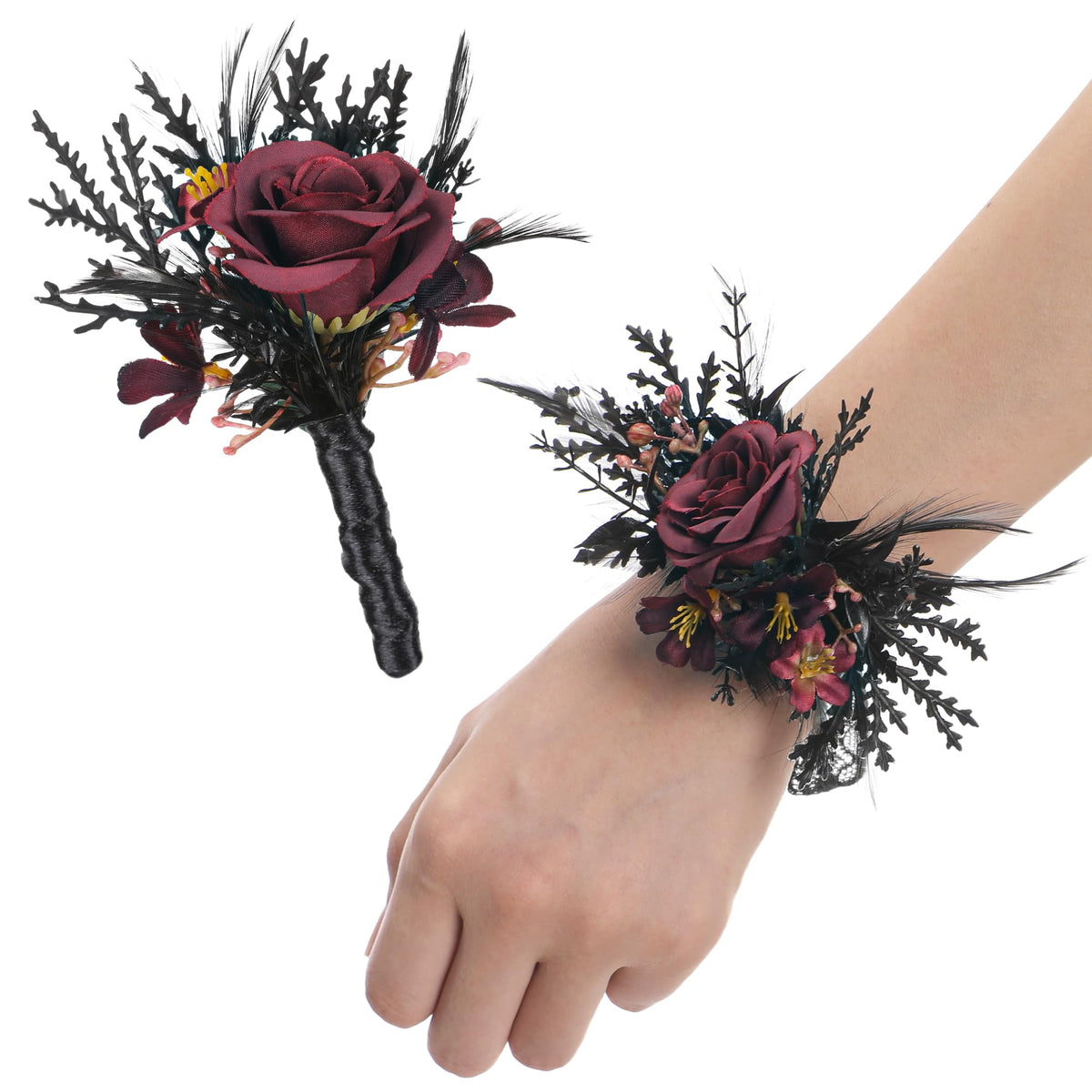Corsage and Boutonniere Set - Black Wristlet for Men Prom Dark Wrist Corsage for Goth Wedding Ceremony