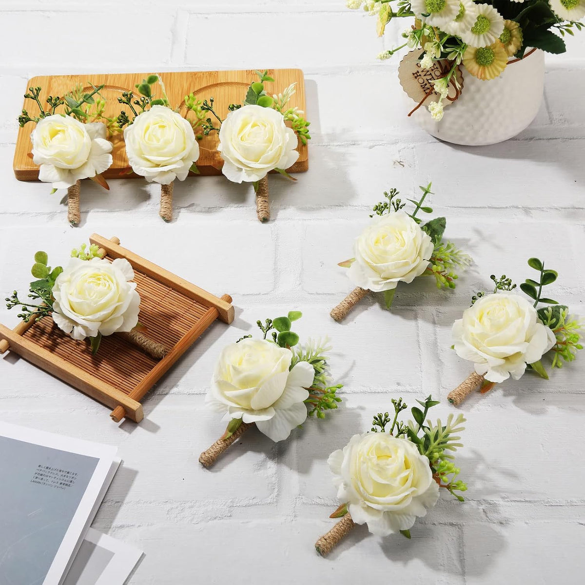 Sherr 20 Pcs Rose Corsage and Boutonniere Set for Wedding, White