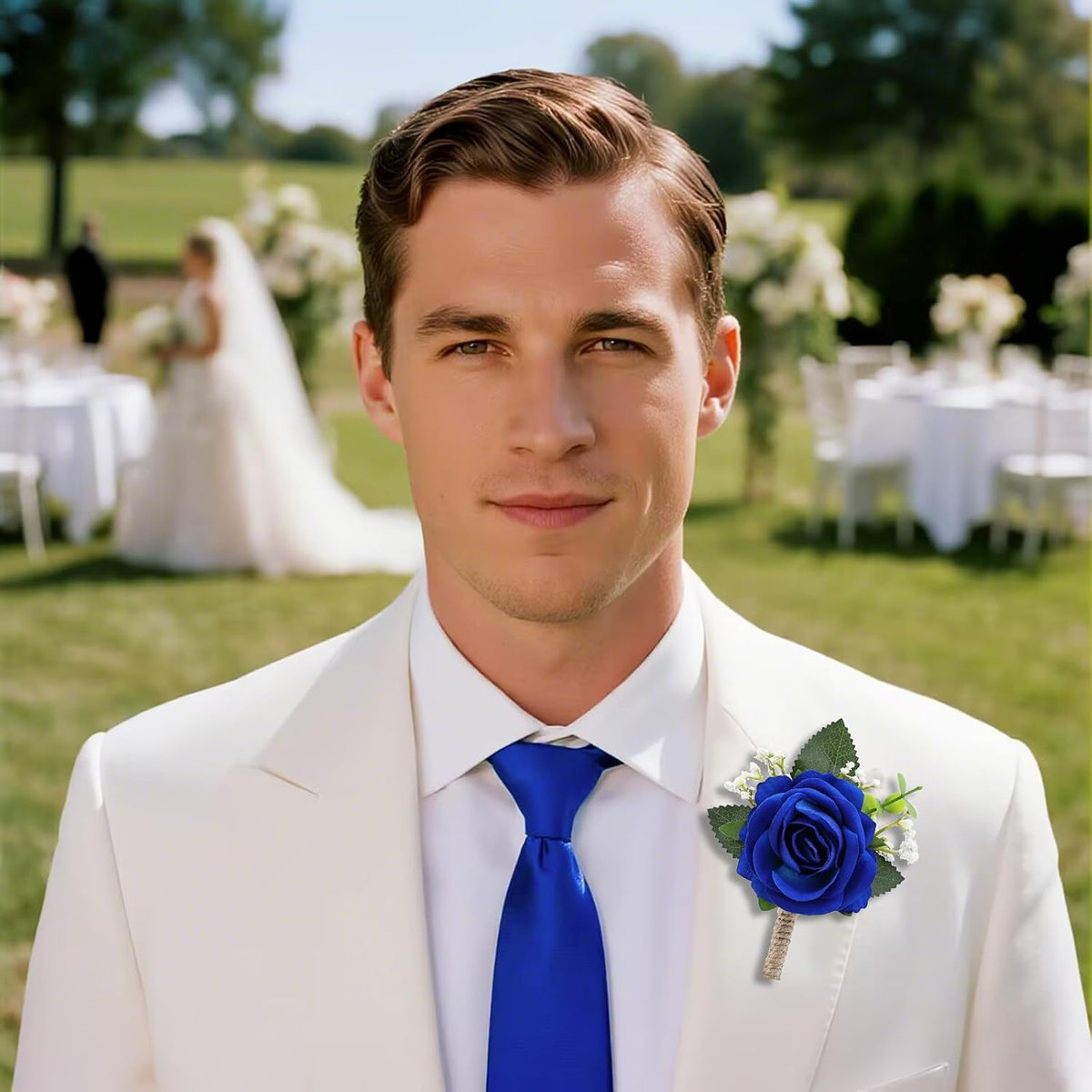 2Pcs Royal Blue Rose Corsage and Men Boutonniere Set, Wrist Band Bracelets, for Wedding Bride Bridesmaid Groom Groomsmen Flower Accessories Prom Party Man Suit Decor