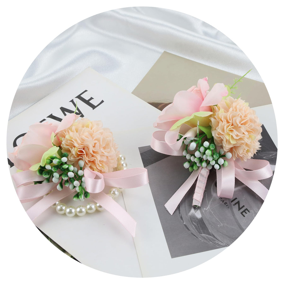 Blue Corsage and Boutonniere Set Double Pearl Bracelets