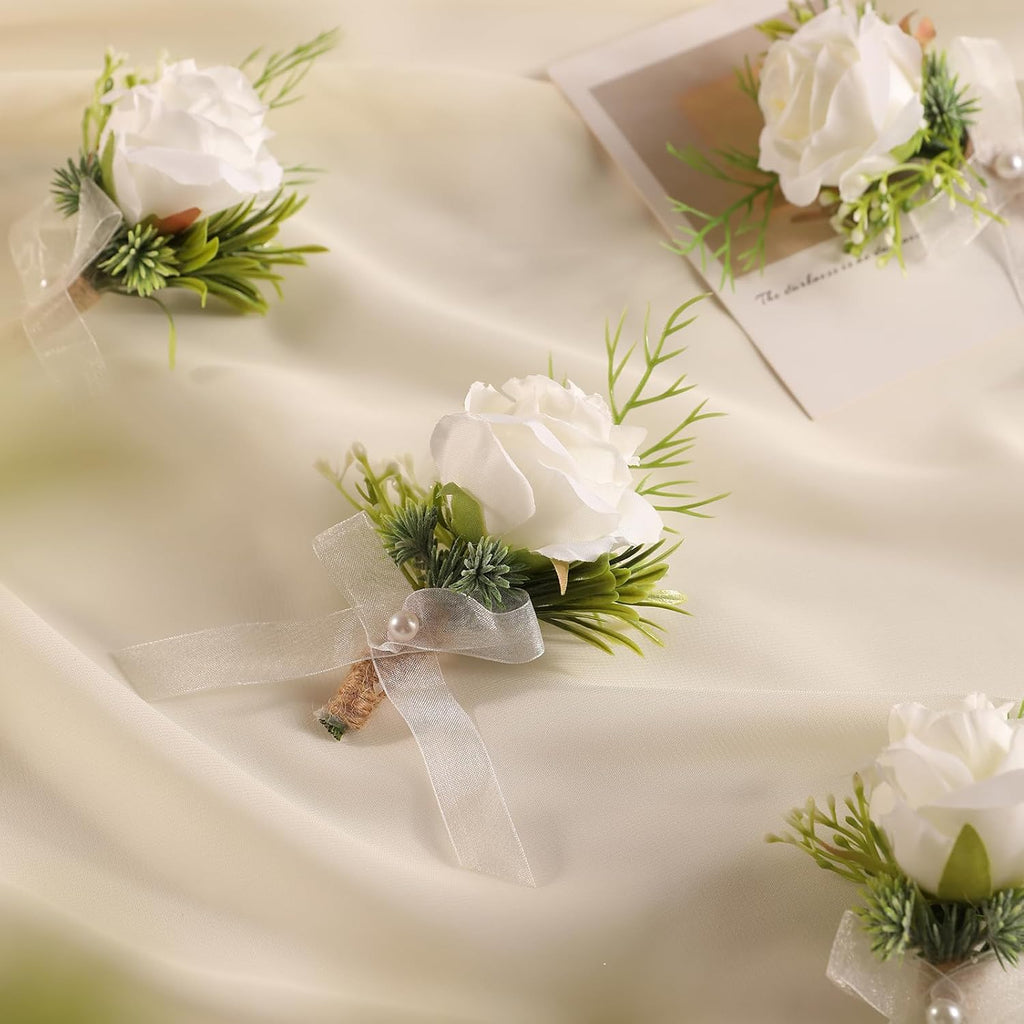 Garisey 2Pcs White Artificial Rose Boutonniere for Men Wedding Ceremony