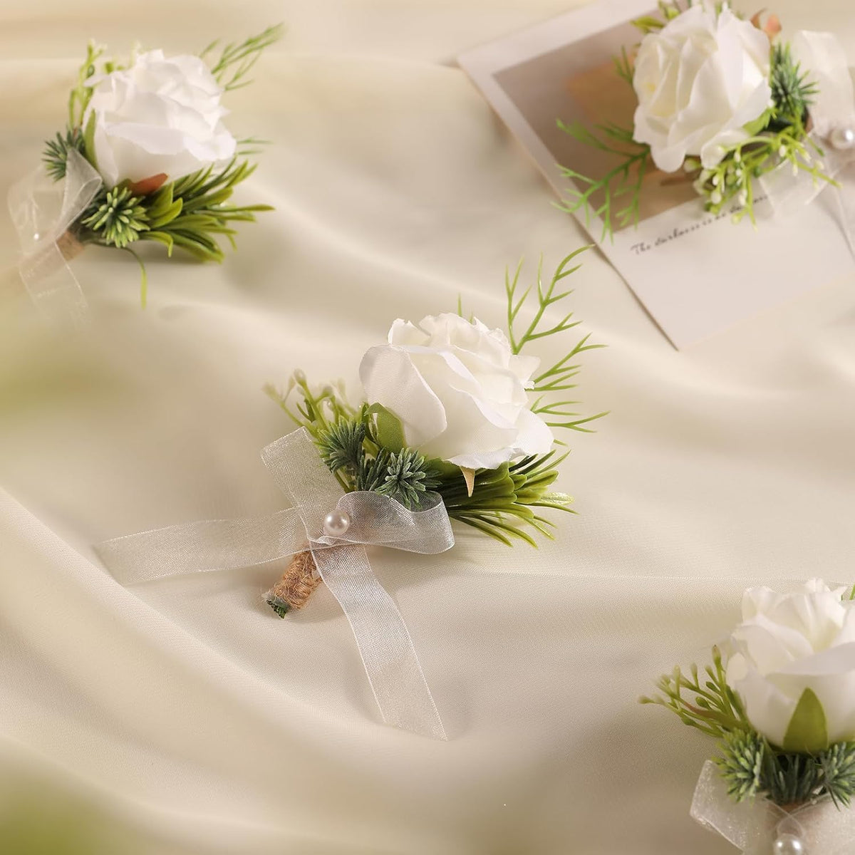 Garisey 2Pcs White Artificial Rose Boutonniere for Men Wedding Ceremony