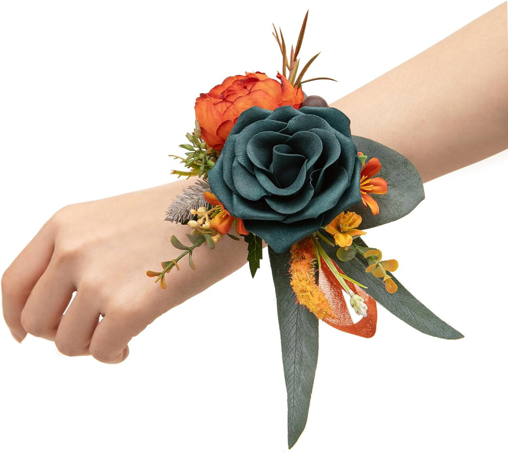 Ling's moment 6pcs Corsage Wristlet, Fall Wedding Decor, Teal Orange