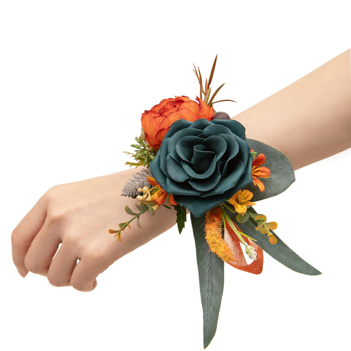 Ling's moment 6pcs Corsage Wristlet, Fall Wedding Decor, Teal Orange