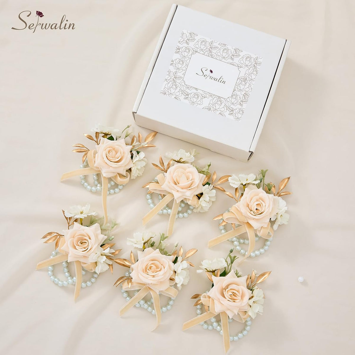 Serwalin 6 Pcs Champagne Rose Wrist Corsage Wristlet for Wedding Prom Party