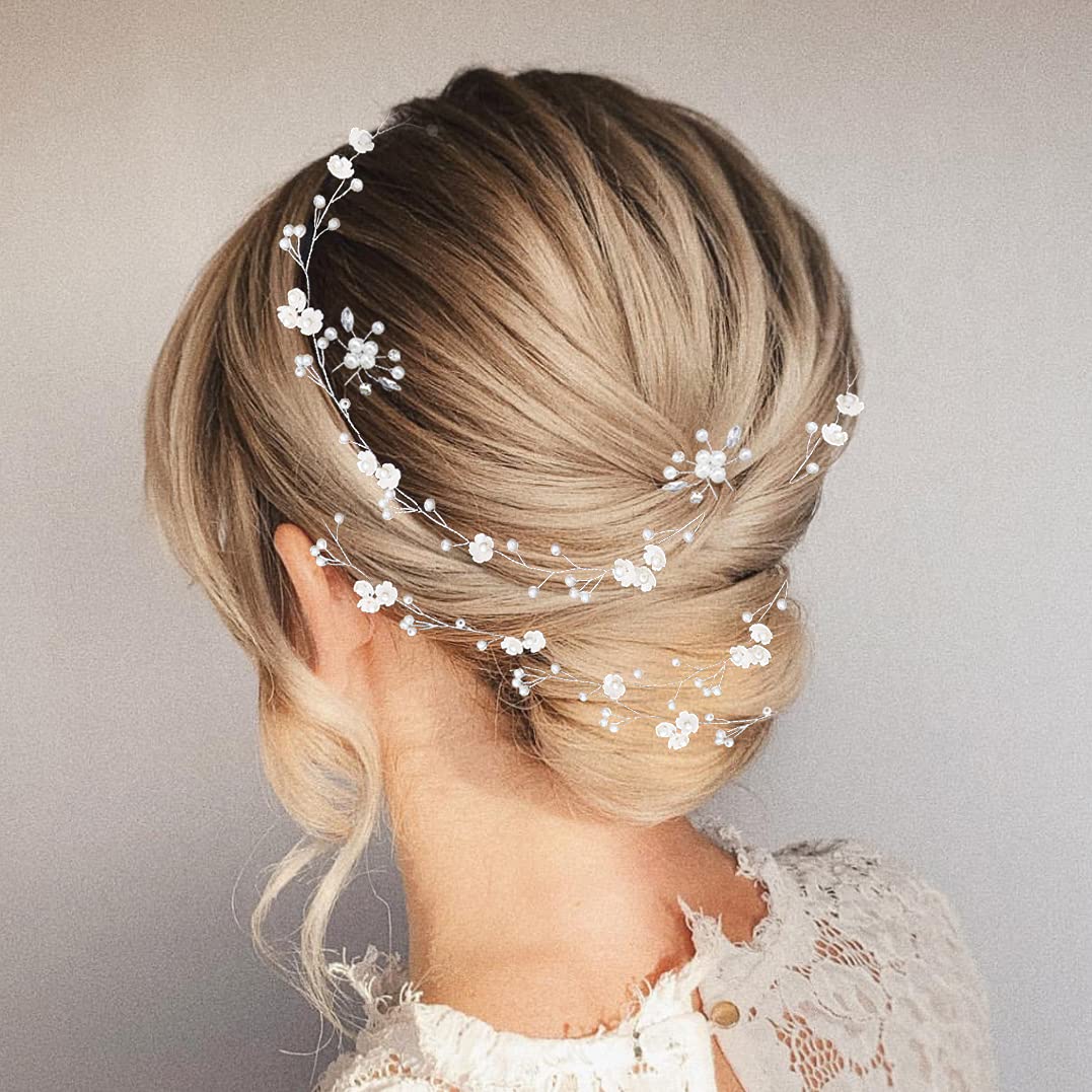 Bridal Wedding Hair Vine,Extra Long Pearl and Crystal Beads Bride Head Piece,Silver Hair Accessories for Women and Girls (Silver)